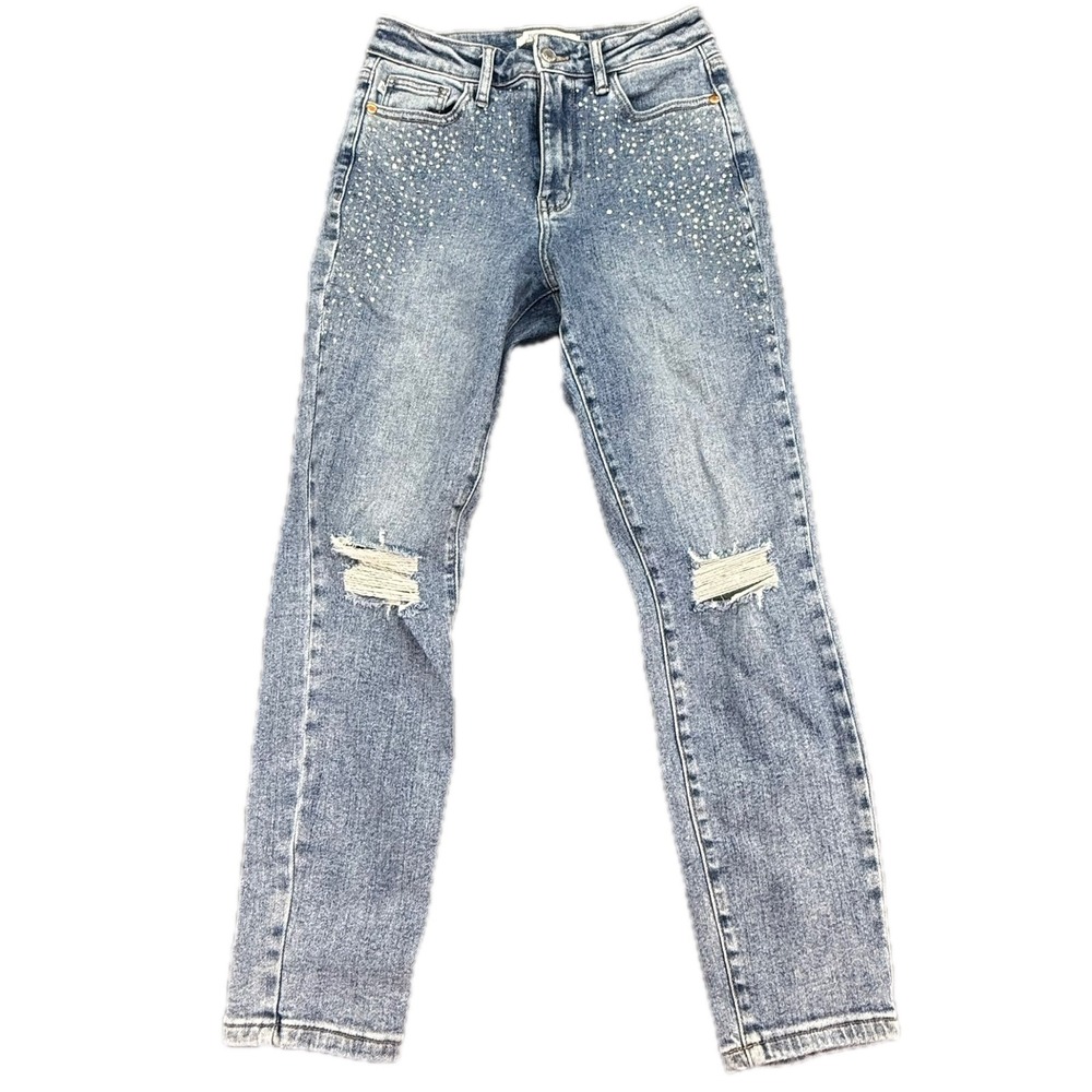 Judy Blue Jeans Womens 3/26 Blue Slim Fit Rhinestone Distressed High Rise